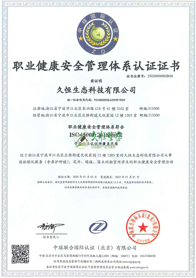 南京栖霞职业健康安全管理体系ISO45001证书